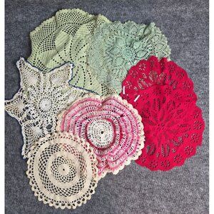 Vtg Crocheted Doilies lot of 7 Multi-Colored Handmade Lace Decor Various Sizes